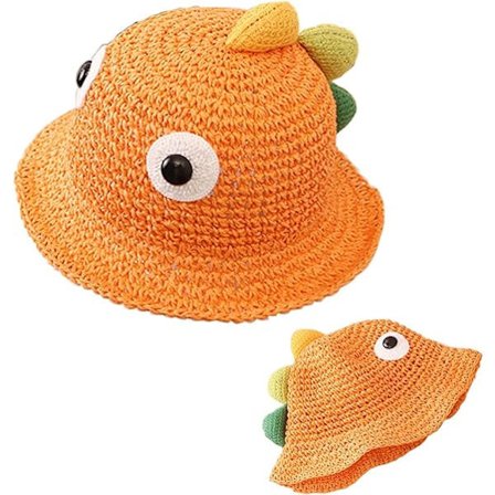 Sarjakuvamainen söpö dinosaurus kalastajahattu (oranssi, hatun ympärysmitta 48 cm), kesätytön aurinkohattu, olkihattu, ranta-hattu, söpö, kevyt ja 