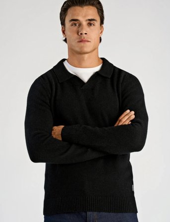 Lindbergh Lambswool L/S V-Neck Polo - Black - XL
