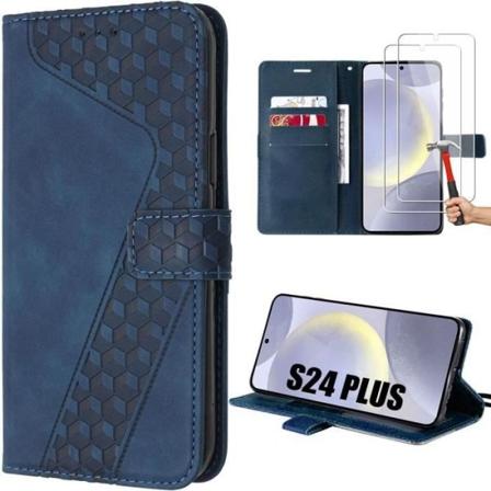 Fodral för Samsung Galaxy S24 Plus (S24+), Flipfodral i syntetiskt läder med mosaikmönster - Marinblå + 2 9H härdade glasögon