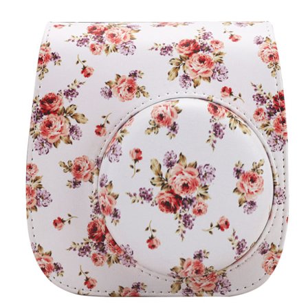 Etui til Instax Mini 12/11/9, PU-læder med lomme og skulderrem (hvide roser)