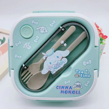 Sød tegneserie mikrobølgeovn madkasse med ske og spisepinde, 2/3 kop madbeholder, Cinnamoroll