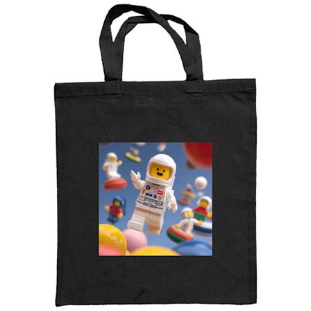 Stoffpose LEGO-inspirert astronautfigur i rommet blant fargerike planeter, leken 3D-illustrasjon for barnerom, plakater og mobildeksler