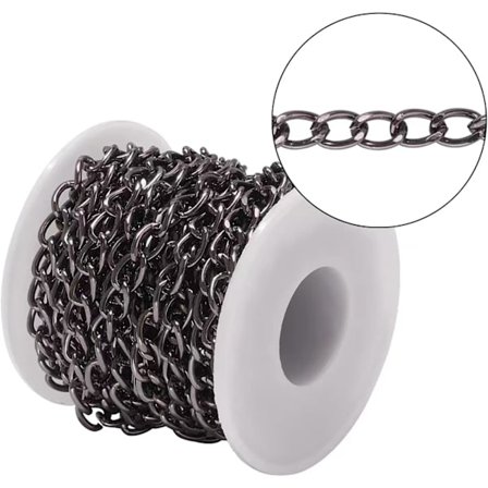 Svart 5m aluminiums kantkjede, tvinnede ledd, krysskjetting med spole for anhengskjede, smykke