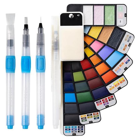 Rejse Vandfarve Sæt: 42 Assorterede Farver Bærbar Vandfarve Palette med 4 Pensler