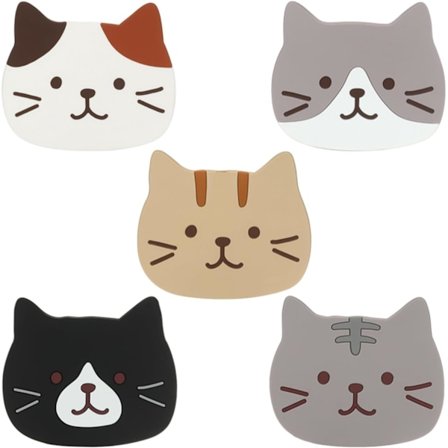 5 stk. søde kattekop-underlag, tegneserieformet katteformet silikone drikkeunderlag, køkkentilbehør, måtte, kop, krus, varmebestandig, dyrekaffe, 