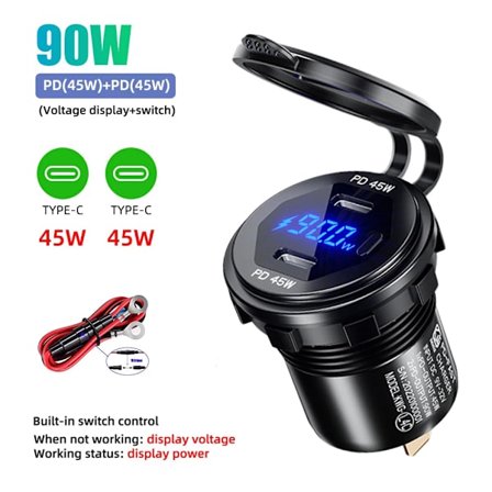 Uppgradera aluminium 90W Dual Car USB-laddare uttag 12V/24V uttag adapter vattentät snabbladdning 4.0 PD för båt SUV Sedan RV