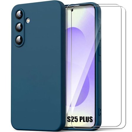 Coque för Samsung Galaxy S25 Plus (Galaxy S25+) Silikon Marinblå + 2 Härdat Glas - BOOLING