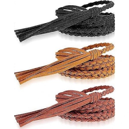 3 stykker midjebelte med dusker, vevd dusk-kjedebelte, smalt belte for skjørt og kjole, svart, brun, khaki