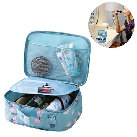 Stor makeup taske til rejser, kosmetiktaske, makeup etui, organizer til kvinder og piger (Stor, blå pæon) - En ny blå blomst