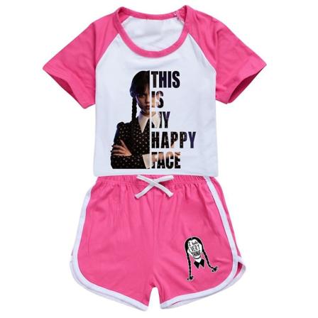 9-14 år Barn/Tenåringer Onsdag The Addams Family Printed Outfit Set Kortermet T-skjorte+Shorts Set Gaver CNMR Rose Red 9-10 Years