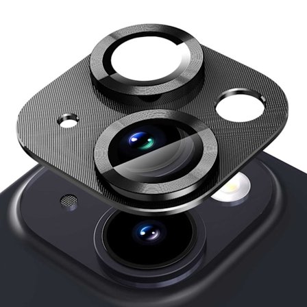 iPhone 15/15 Plus -kameran suojaus, metallia karkaistua lasia, musta