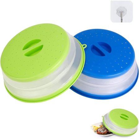 Vikbar Mikrovågsugnslock, 2-pack Stänkskydd till Mikrovågsugn, Infällbart Mikrovågsugnslock med 2 Självhäftande Krokar, Matvärmare Lock (Blå + Grön)