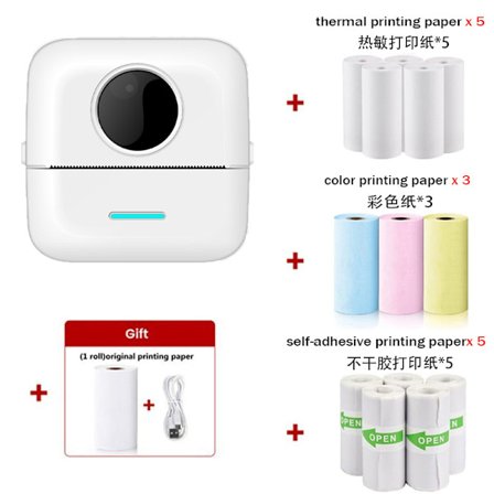 Bærbar Termisk Printer Mini Blækfri Printer med 14 ruller trykpapir, hvid