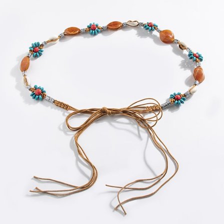 (Brun)Bohemisk flätad bälte midja dragsko spänne turkosgrön magkedja med tofsar