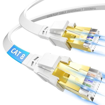 Cat 8 Ethernet-kaapeli 5m, Nopea litteä internetkaapeli 40 Gbps 2000 MHz FTP Suojattu RJ45 Gigabit 5 metriä Sisäverkkokaapeli, Valkoinen