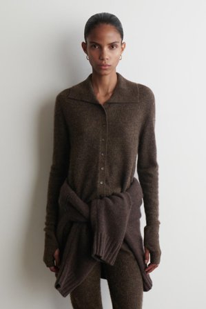 COS Women's Alpaca Merino Wool High Neck Cardigan Sweater in Brown