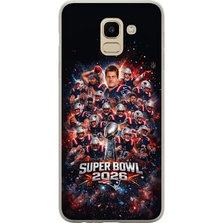 Kompatibel Mobilcover til Samsung Galaxy J6 Super Bowl 2026 plakat med New England Patriots og NFL-pokal i eksplosiv sportsdesign