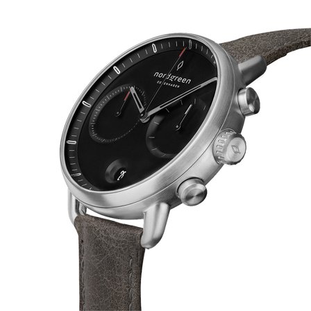 Nordgreen Men's Minimalistist Large Wrist Watch Watch - Silver Case - Black Dial - Patina Grey Leather Watch Strap Pioneer White Dial Chronograph