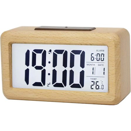 Puinen digitaalinen herätyskello, suuri LED-näyttö, älykäs anturiyövalo, torkku- ja lämpötilatoiminto, paristokäyttöinen, kuutiomainen herätyskello 