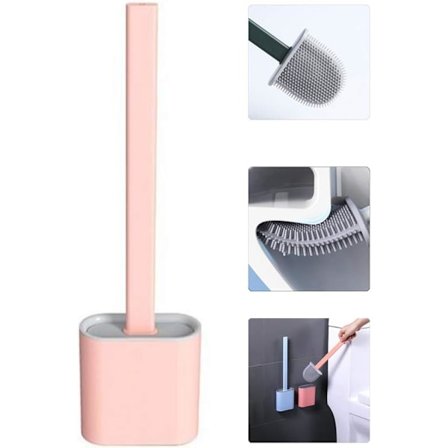 Flad silikone toiletbørste med holder Pink farve, silikone toiletbørste og holder til badeværelse