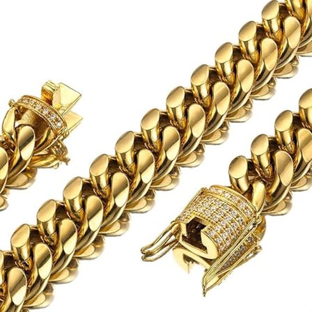 Herre Miami Cuban Link kæde i 18K guld 15mm rustfrit stål med CZ diamant choker (30,0 tommer)