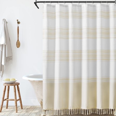 Beige Dusjforheng for Bad Stripe Knyttet-Dusjforheng med Dusjforheng i Naturlig Lin