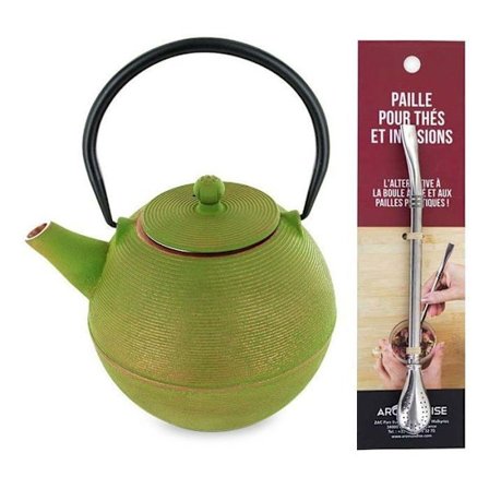 Ming støbejern tekande + sugerør i rustfrit stål med filter