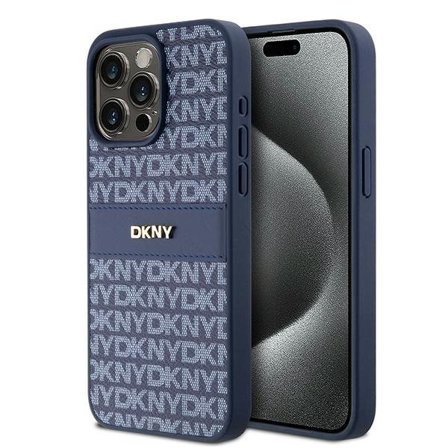 DKNY læderetui med monostribe og metallogo til iPhone 15 Pro Max - blå
