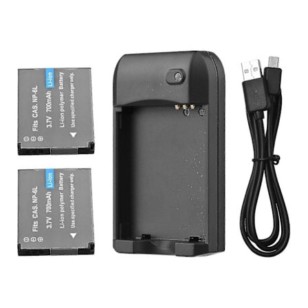 Np-6l Batterioplader med LED-indikatorlys + 2 stk. Np-6l Batterier 3,7V 700mAh med USB-ladekabel