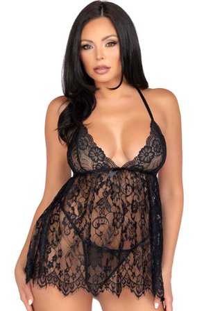 Floral Spitzen-Babydoll & String Schwarz M
