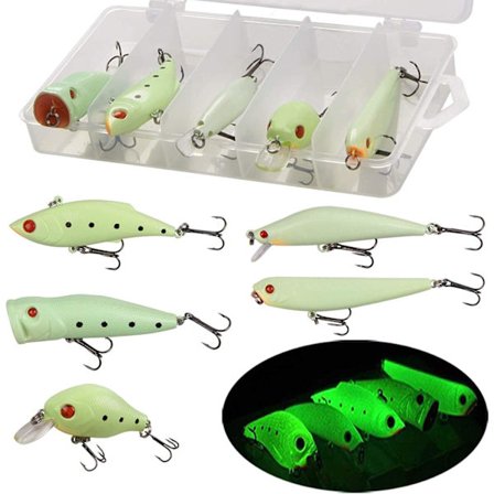 Glow Fishing Lures Bait Kit Glow in the Dark VIB Popper Crank Minnow Pencil Hard Lure med Treble Hook Night Fishing Lures Tackle Box