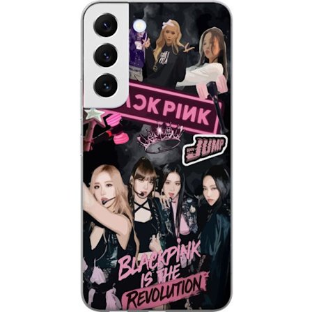 Kompatibelt Mobildeksel til Samsung Samsung Galaxy S22 5G BLACKPINK kollasj med scenebilder, krone, lysstaver og teksten Blackpink Is The Revolution i