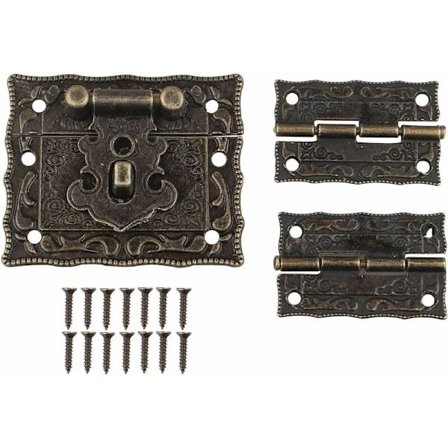 1 stk. vintage antikt design møbelskab dekoration smykkeskrin lås hasp lås og 2 hængsler med skruer bronzefarve