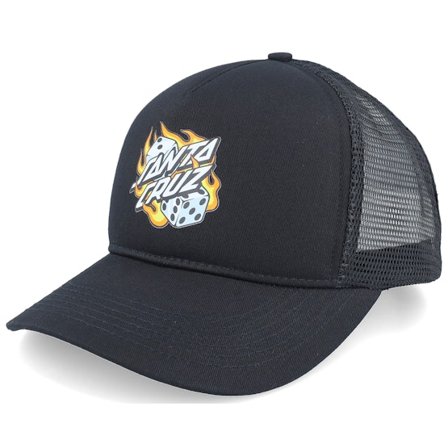 Santa Cruz - Svart trucker Caps - Flaming Dice Dot Meshback Black A-Frame Trucker @ Hatstore