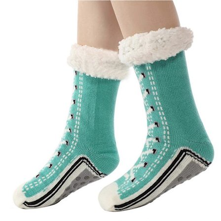 Sjove Sneaker Print Fleece Foret Termiske Varme Fuzzy Hjemmesko Sokker med Skridsikre Såler Design til Koldt Vejr Indendørs Brug sø blå