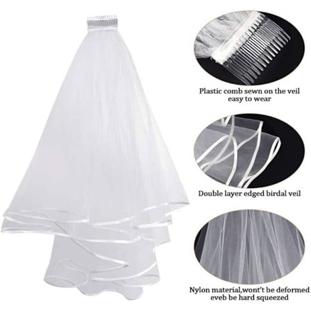 2-lags kort brude slør med kam Vintage bånd broderet
