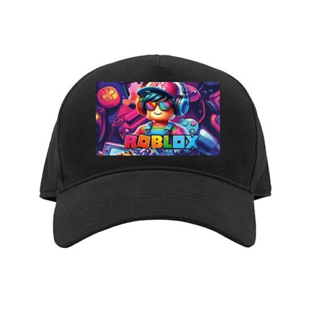 Kasket Farverig Roblox-spilillustration med flere figurer, skateboard og neonfarver i livligt spilmiljø