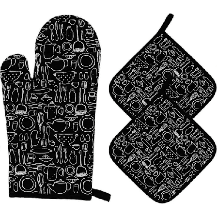 Uuninhanskat ja kattilalappuset, lämmönkestävät 1 hanska ja 2 lappusta keittiön ruoanlaittoon, leivontaan ja grillaukseen 3 osaa (musta)