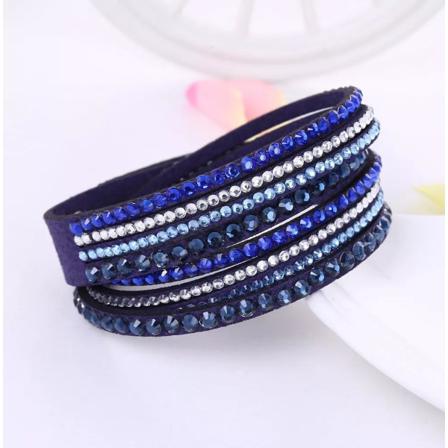 Dubbelt Läderarmband - Glittrande Strass / Rhinestones -mörk Blå Mörkblå