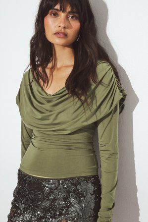 NA-KD Draped Long Sleeve Top - Langærmede t-shirts - Grøn - S