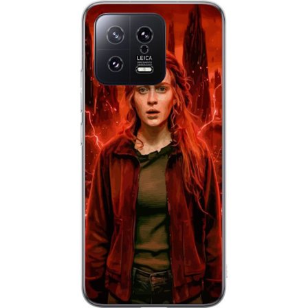 Kompatibelt Mobilskal till Xiaomi Xiaomi 13 Porträtt av en ung kvinna med rött hår i en apokalyptisk landskap, röda blixtar och mörka klippformat