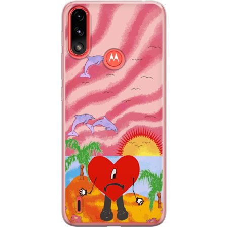 Kompatibelt Mobildeksel til Motorola Moto E7 Power Bad Bunny i en fargerik quiltet jakke med hjertemønster og solbriller i moderne gatestil