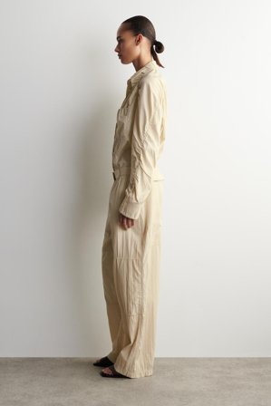 COS Women's Handmade Crinkled-Silk Straight-Leg Trousers in Beige
