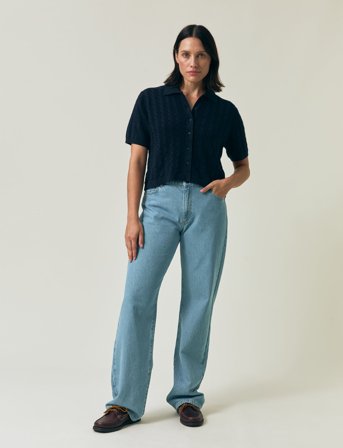 Lexington Clothing Short Sleeve Cable Knitted Polo Cardigan - Navy - XL