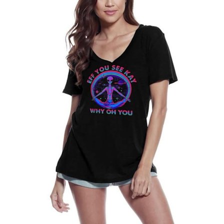 T-shirt med v-ringad dam Eff You See Kay Why Oh You Yoga Peace – Eff You See Kay Why Oh You Yoga Peace – Vintage svart T-shirt