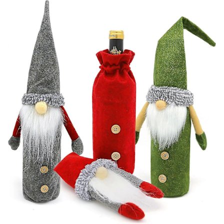 Jul Vinflaskfodral Set om 3 Jul Tomte Vinpåsar Set, Jul Vinpresentpåsar för att Klä Upp Vinflaskan för Presentdekoration