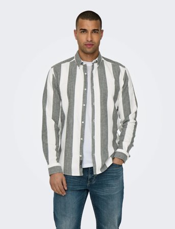 ONLY & SONS Onsarlo Slim Ls Stripe Hrb Linen Shirt - White - XL