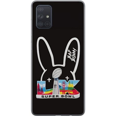 Kompatibel Mobilcover til Samsung Galaxy A71 Bad Bunny portræt med åben skjorte, tatoveringer og krøllet hår i stilfuld modefotografering