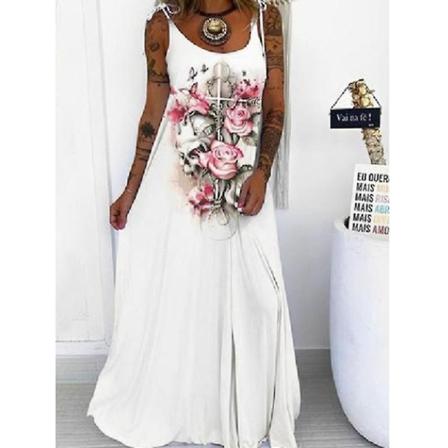 Kvinnors Casual ärmlös Maxiklänning Skull Printed Lös Klänning Halloween Party Sling Long Dress style 7 L