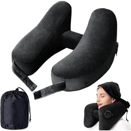 H-formet oppblåsbar reisepute - nakkepute med avtakbar hette - svart